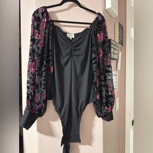 Unique Vintage Black and Pink Floral Bodysuit